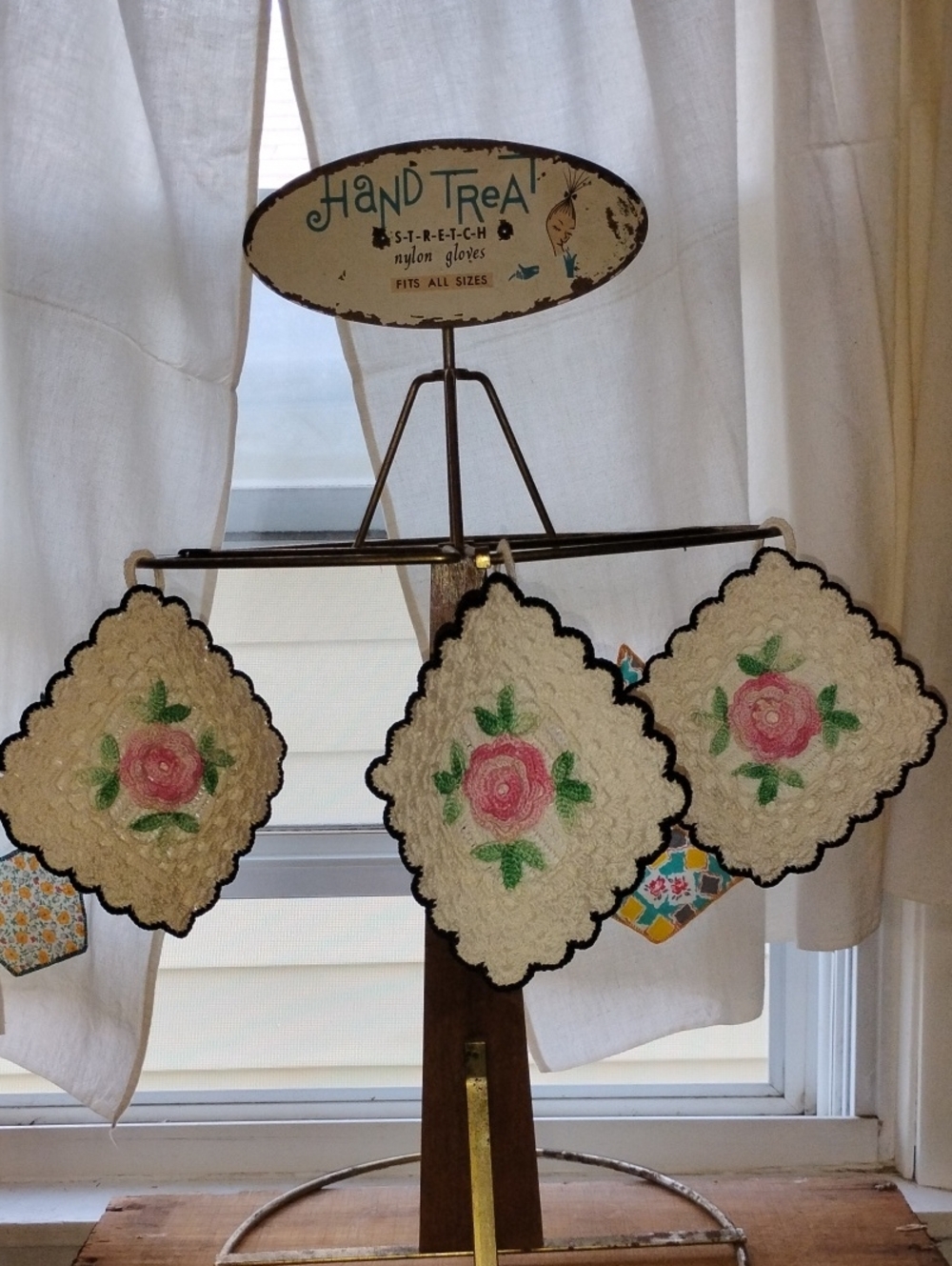 Vintage Lot Of 3 Floral Crochet Hot Pads - Pink Rose on Cream, Black Trim